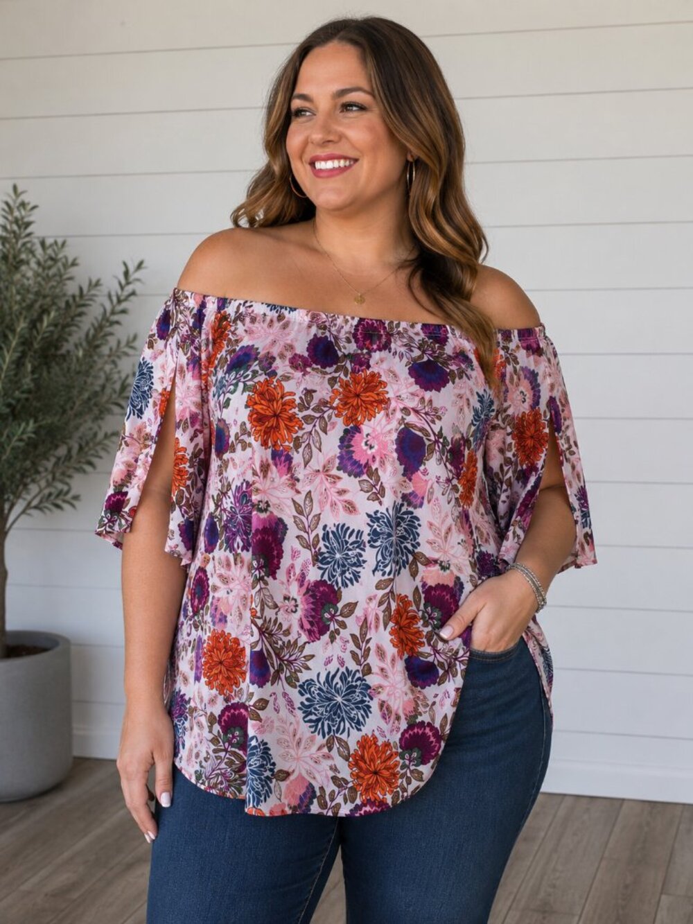 INC International Concepts 3X Floral Off-the-Shoulder Split Sleeve Boho Blouse